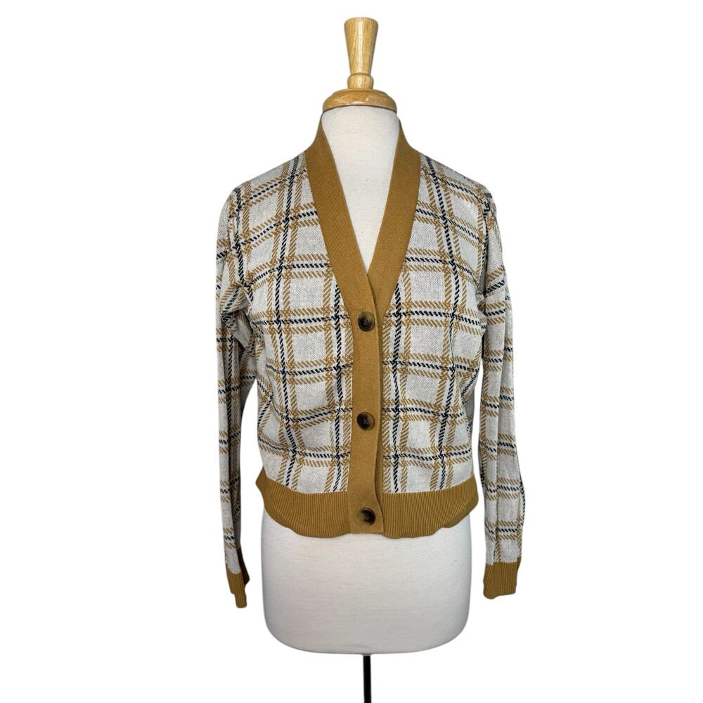 LOFT Preppy Plaid Cardigan Sweater Size Medium Petite Gold Black White Cotton